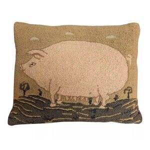 Vintage Primitive Hand Hooked Wool Pig Pillow